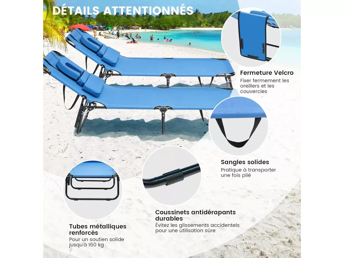 Chaise Longue Pliante Réglable à 5 Positions avec Trou pour Visage, Bain de Soleil en Tissu et velours Oxford 3 Coussins Amovibles Charge 160KG, pour Piscine Plage Cour CamBoisg (Bleu)
