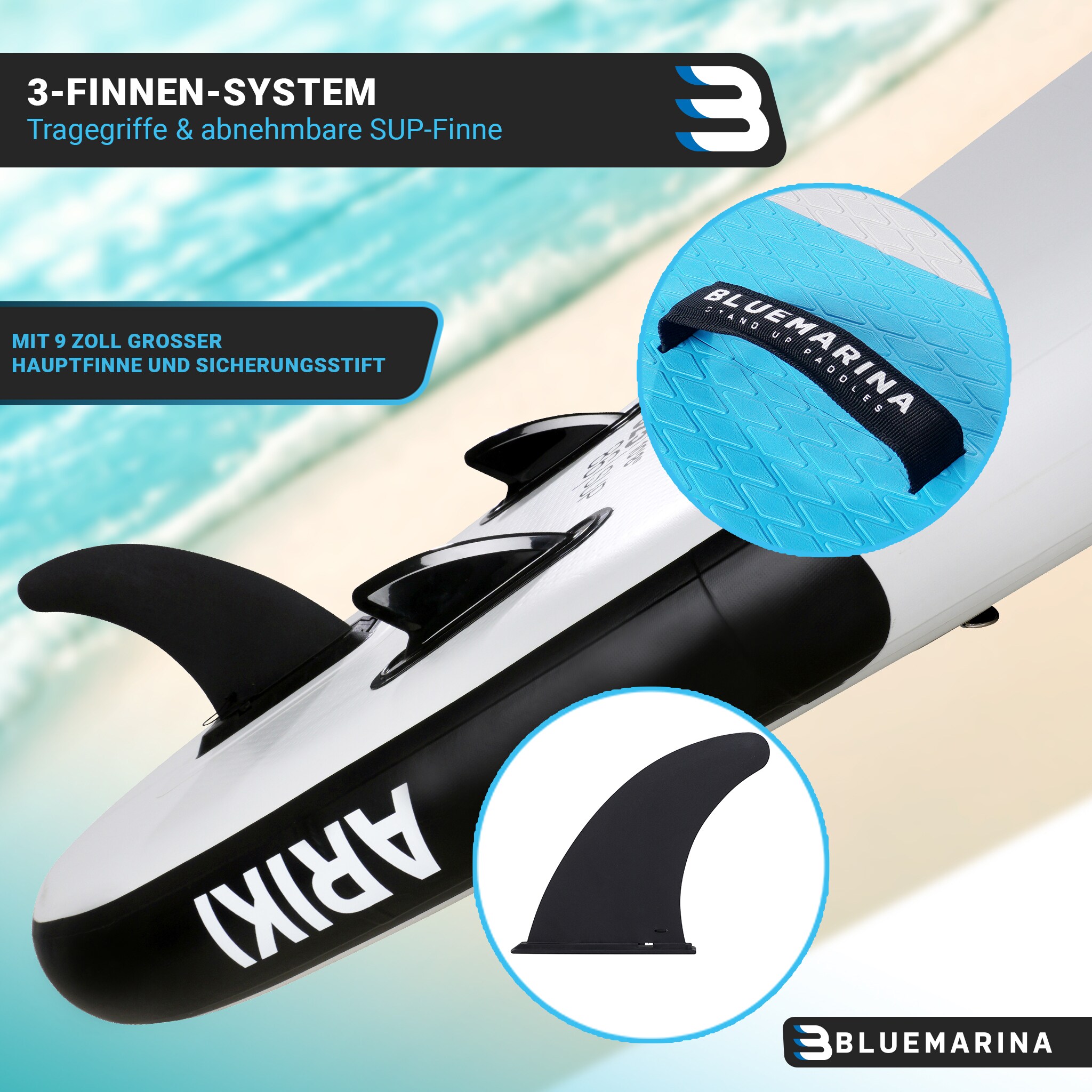 Bluemarina SUP Board Ariki, Stand Up Paddle aufblasbar mit Paddel, Pumpe, Rucksack, 5J Garantie (325x86x15cm / 10'8