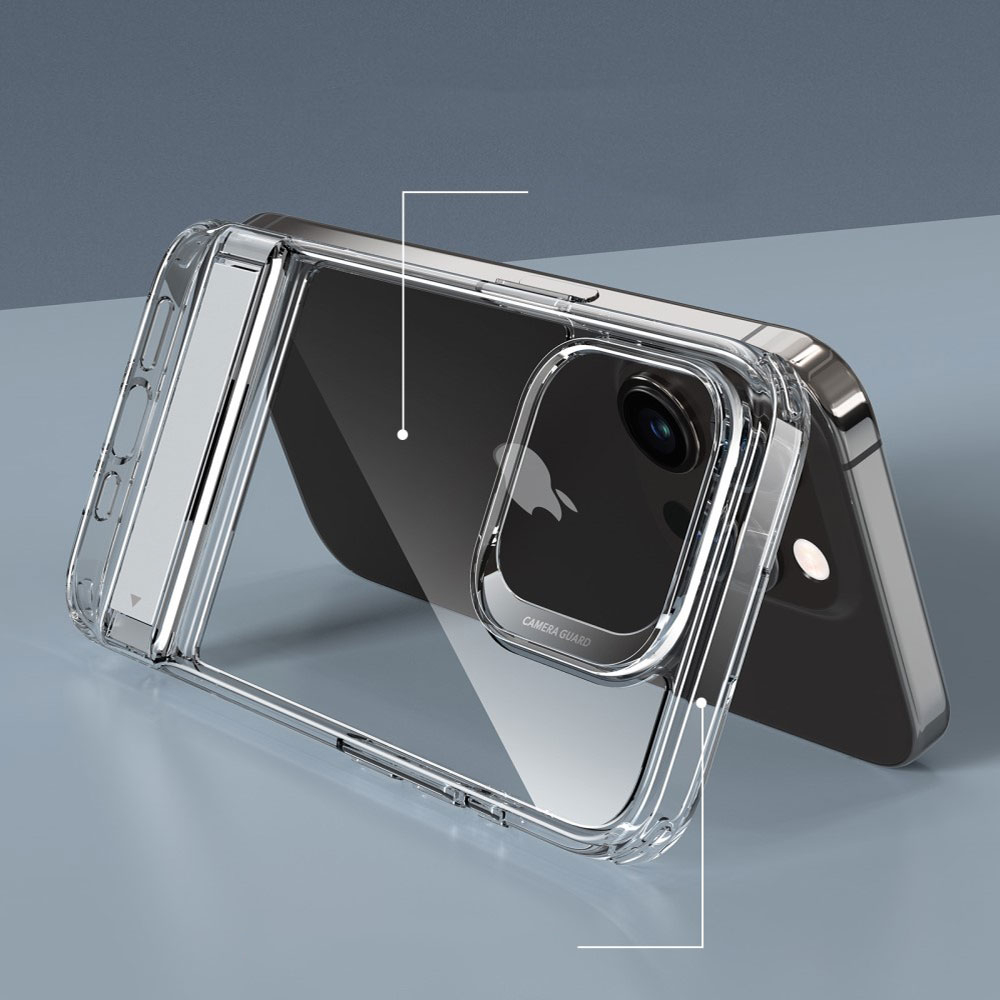 iPhone 15 Boost Series Hybrid Hülle TPU Bumper mit Acryl Rückseite   Aluminium Kickstand - Transparent