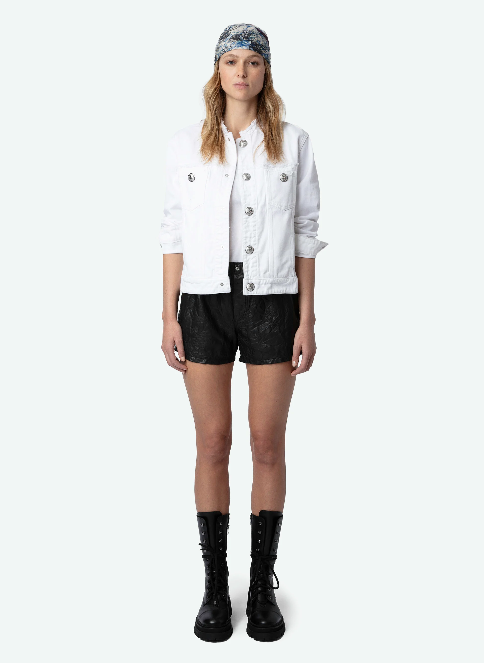 KAELY - Veste col rond brodée en denim| Blanc