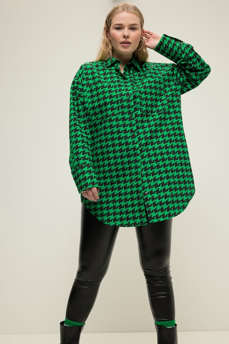 Hemdbluse, oversized, Hahnentritt, Knopfleiste, Hemdkragen