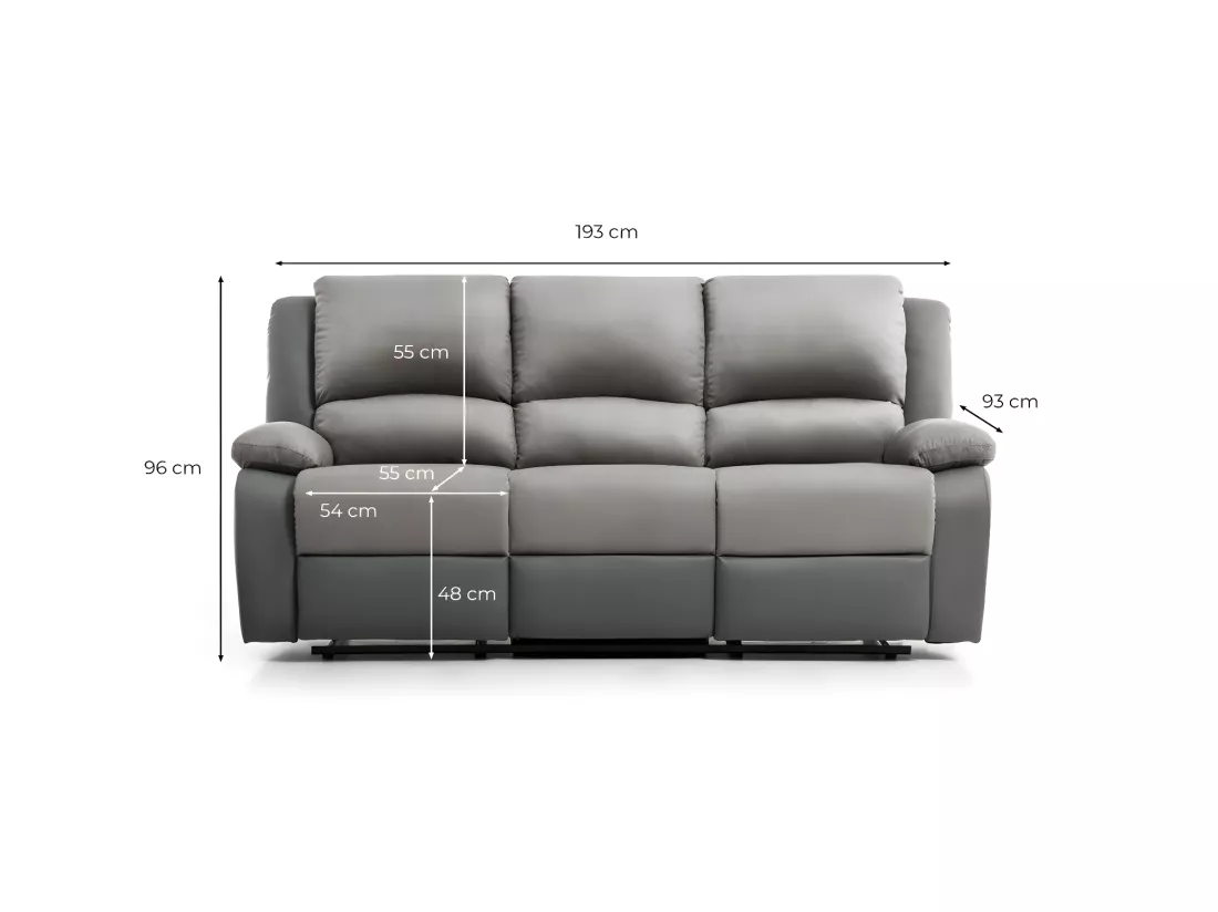 Canapé Relaxation 3 places Microfibre et Simili Léo - Blanc et Gris - L193 x 93 x 96cm - Loungitude