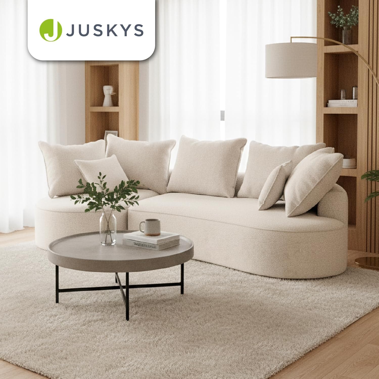 Juskys Sofa Tirano - Bouclé Creme, Ecksofa mit L-Form, mit Rücken- & Dekokissen, 4-Sitzer Eckcouch, Schaumstoff - Ottomane Links
