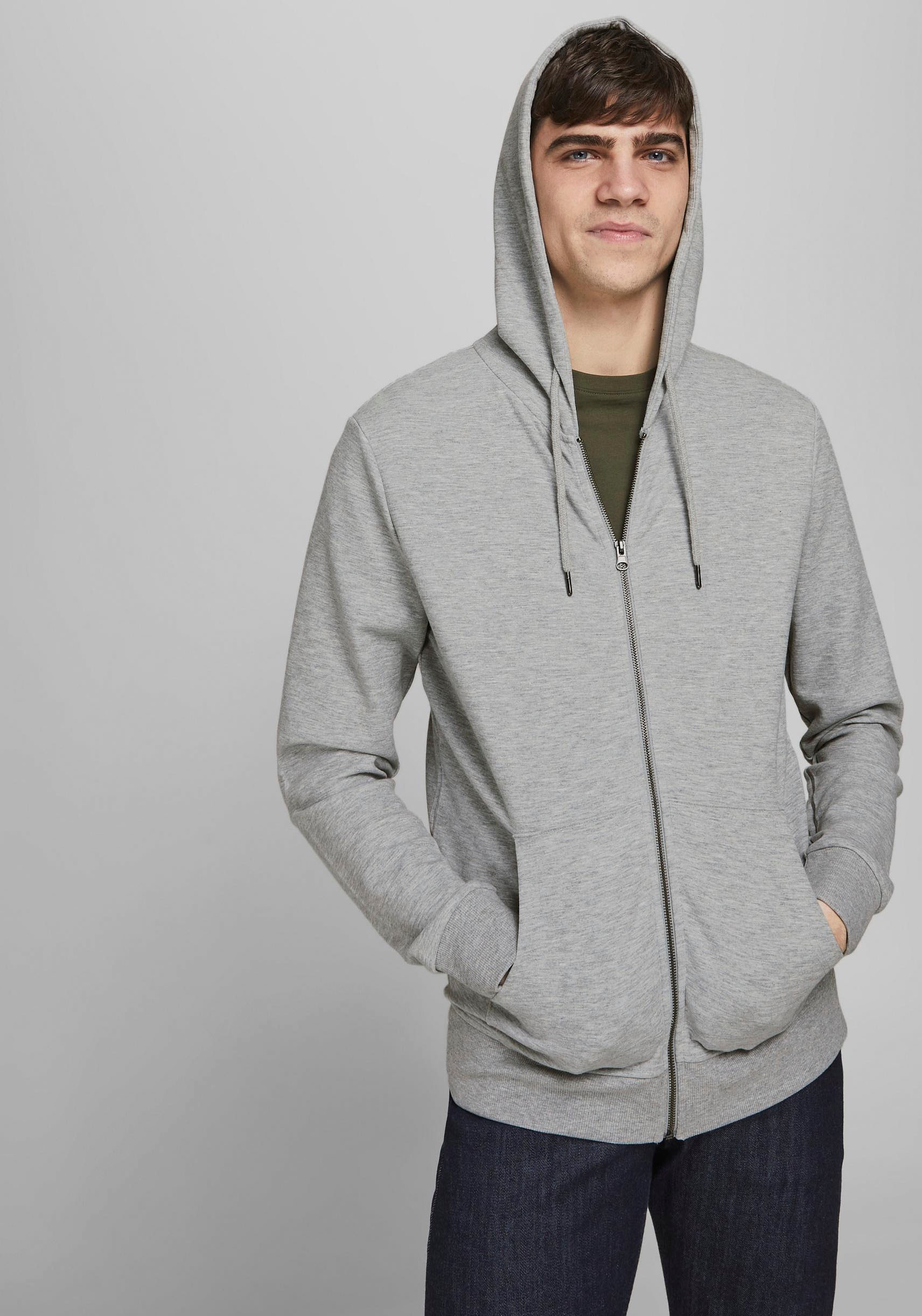 Jack & Jones Kapuzensweatjacke »JJEBASIC Hoodie mit Rippbündchen und angenehmem Tragegefühl«, unifarben, modisch, regular fit, Baumwollmischung, Rundhals