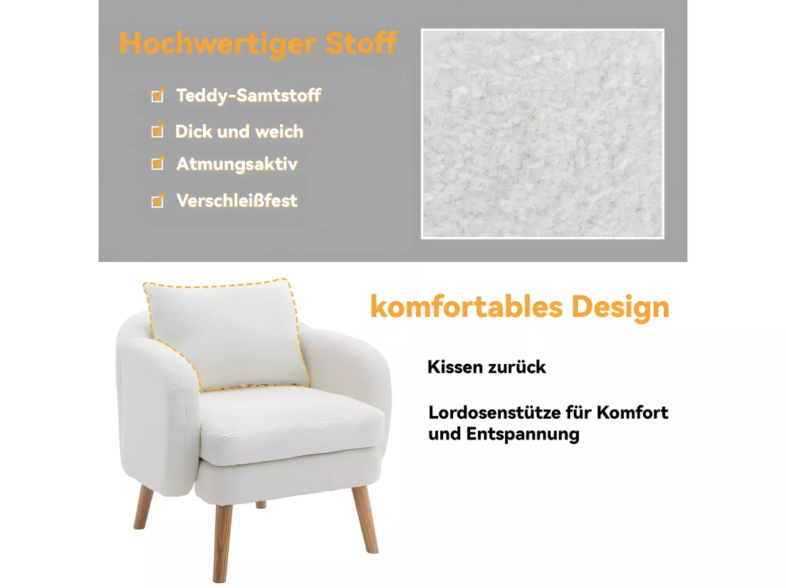 Fauteuil tissu en Teddy - pieds dorés en métal - Blanc - Sweiko
