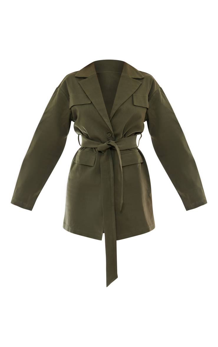 Kaki Robe Blazer Tissée Ceinturée À Boutons