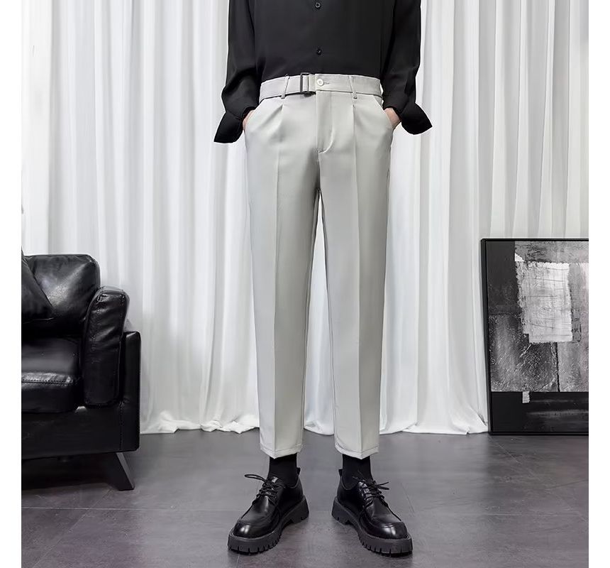 Wewewow - Mid Rise Plain Buckled Cropped Tapered Dress Pants