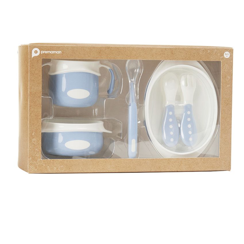 Set repas 6 pièces en silicone Yummix bleu - Ecru