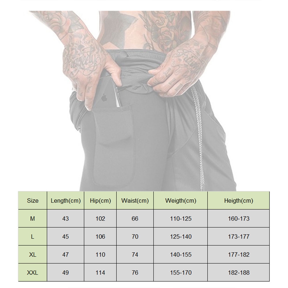 (Gr. XL) 2in1 Trainingsshorts Kurze Hose mit Versteckter Tasche - Schwarz