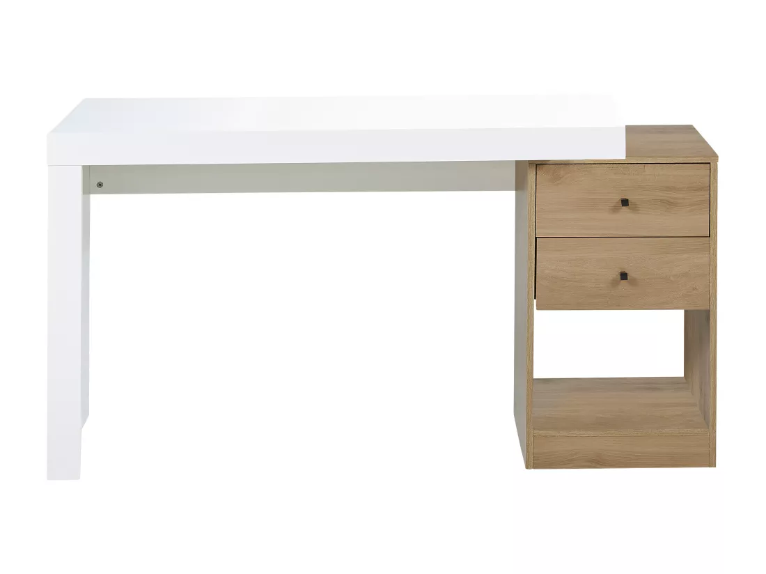Bureau extensible 2 tiroirs et 1 niche - Coloris : Blanc et naturel - EVAN