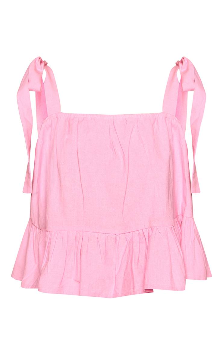 Rose Top Caraco À Bretelles Nouées Et Volants Effet Lin