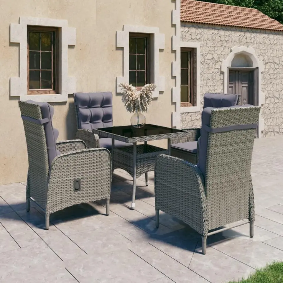 vidaXL - Verstelbaar Tuinset met grijs kussens - Poly rattan en glas - 5 stuks