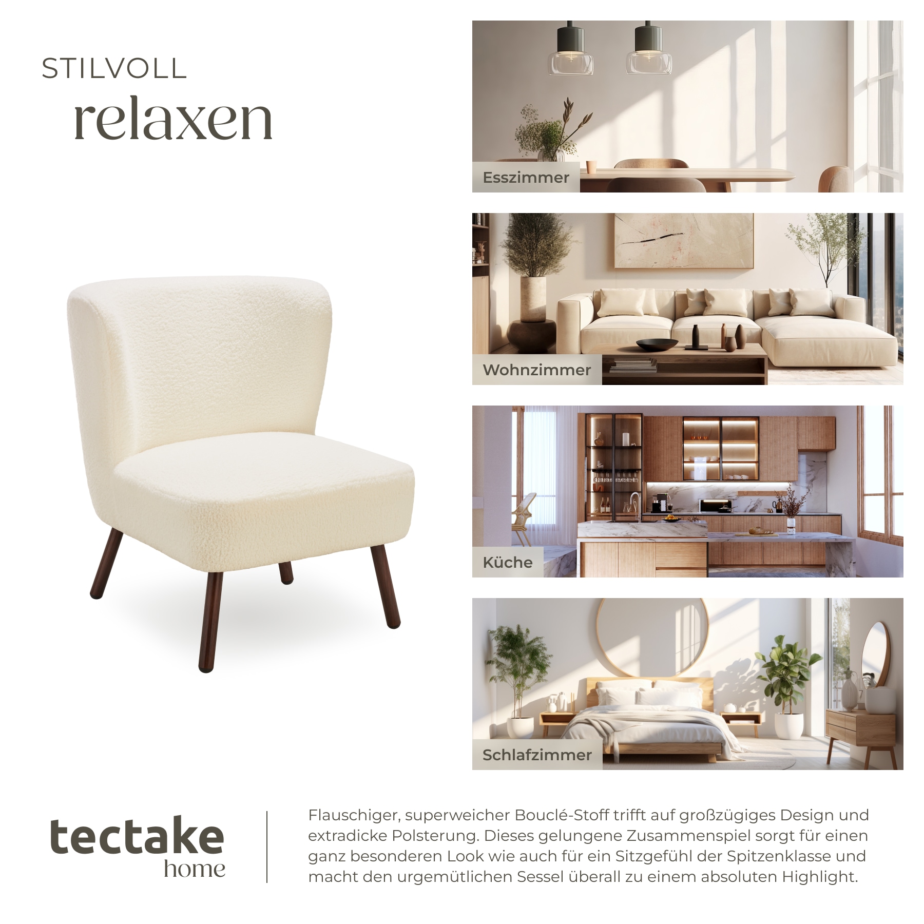 tectake® Teddy-Cocktailsessel, gepolstert, mit Bouclé-Bezug, runde Stahlbeine in Holzoptik, 62 x 73 x 74