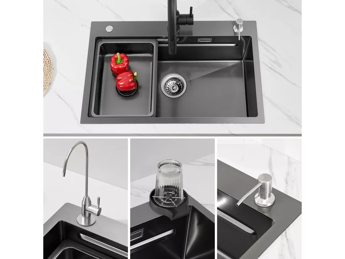 Évier de Cuisine 1 Cuve 70×45×21.5 cm + Egouttoir + Vasque + Distributeur de Savon, CECIPA MAX Noir Évier 1 Bac Évier Inox Grande Capacité