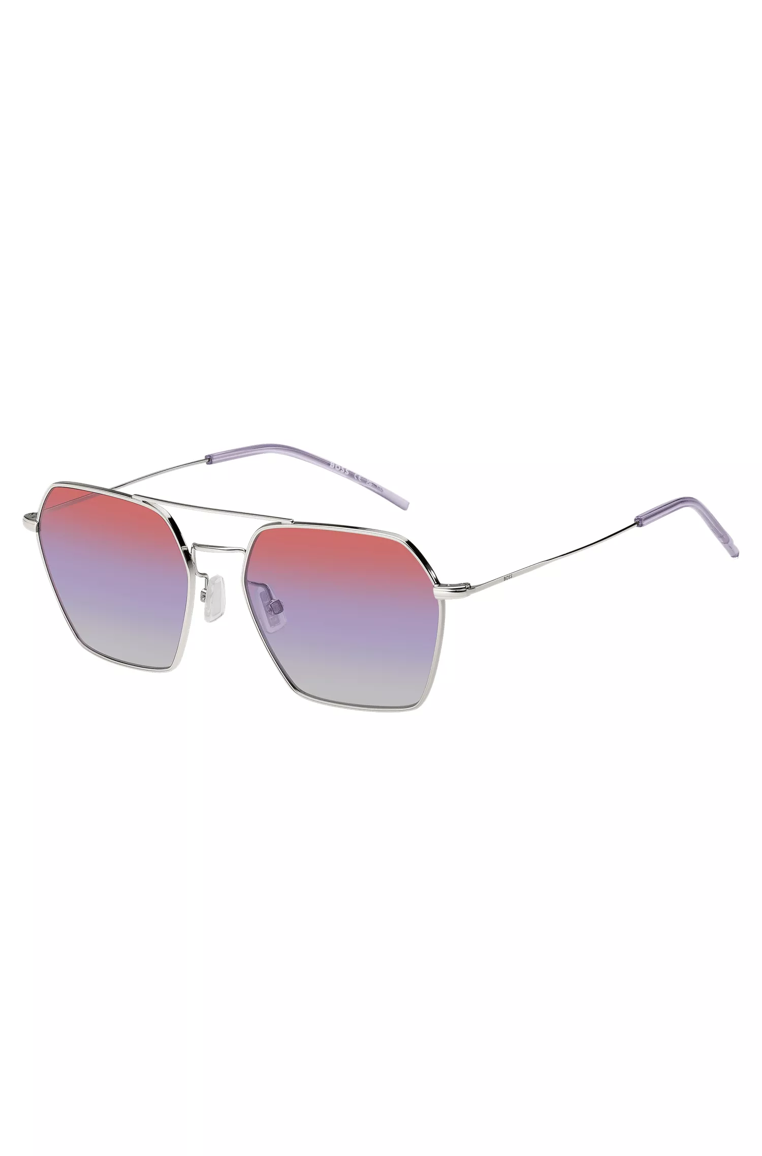 Óculos de sol BOSS pretos com ponte dupla e lentes multicoloridas.
