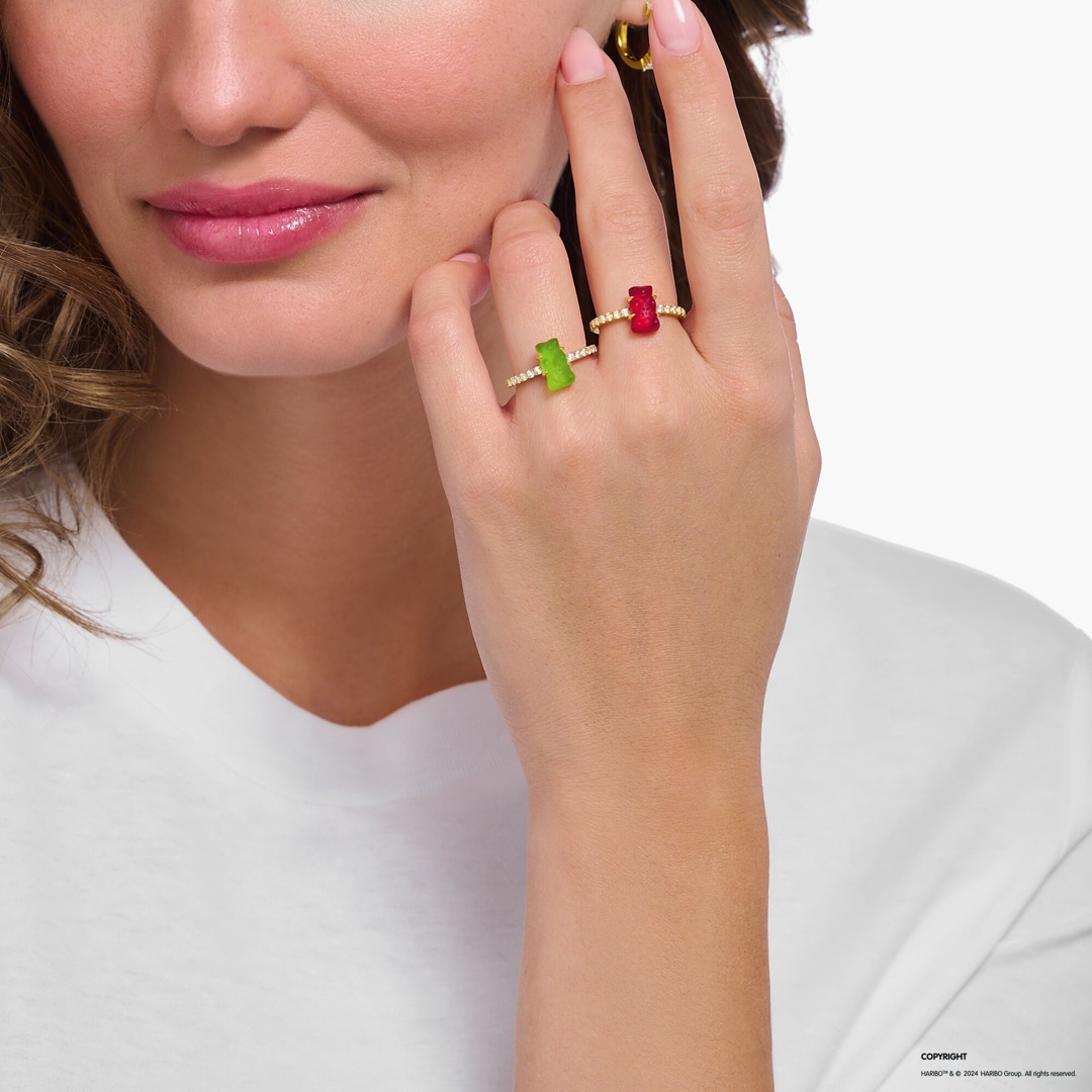 Thomas Sabo x HARIBO Ring mit rotem Mini-Goldbären und Steinen vergoldet