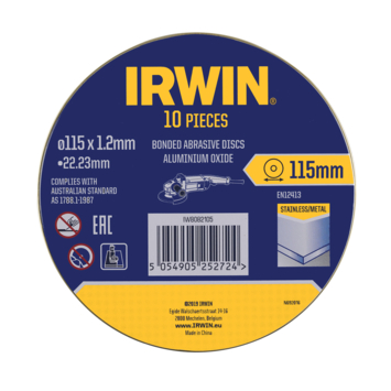Irwin Pro doorslijpschijven Ø115 mm. Dikte 1.2 mm. Voor metaal. 10 stuks in blik.
