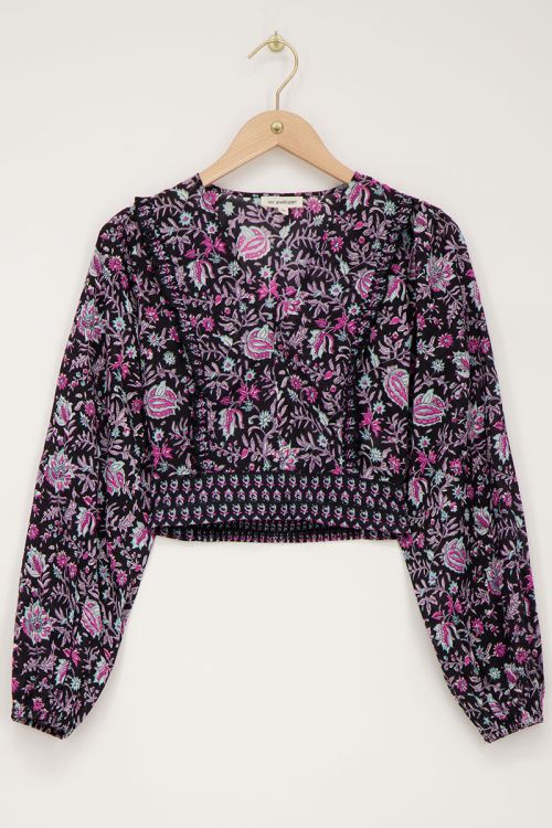 Zwarte crop top met lila en roze bloemenprint