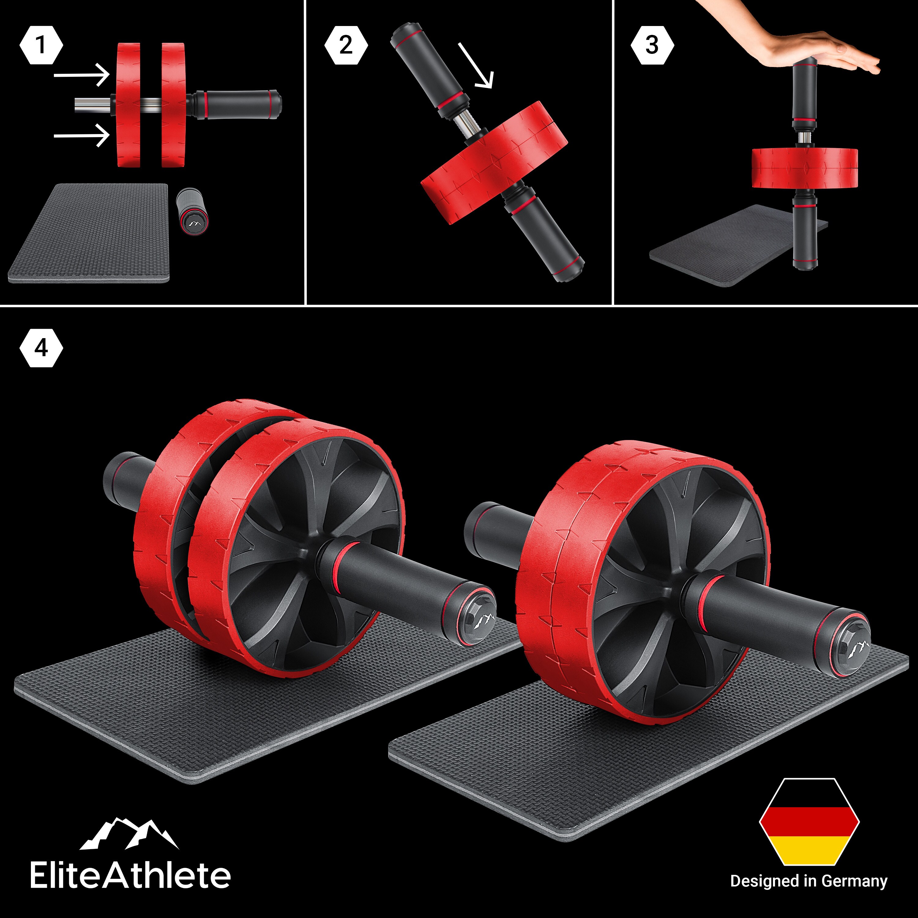 EliteAthlete® Bauchroller Bauchmuskeltrainer - Bauchtrainer für Zuhause - Bauch Weg Abdominal Trainer - AB Wheel Roller inkl. gepolsterter Kniematte - Rot