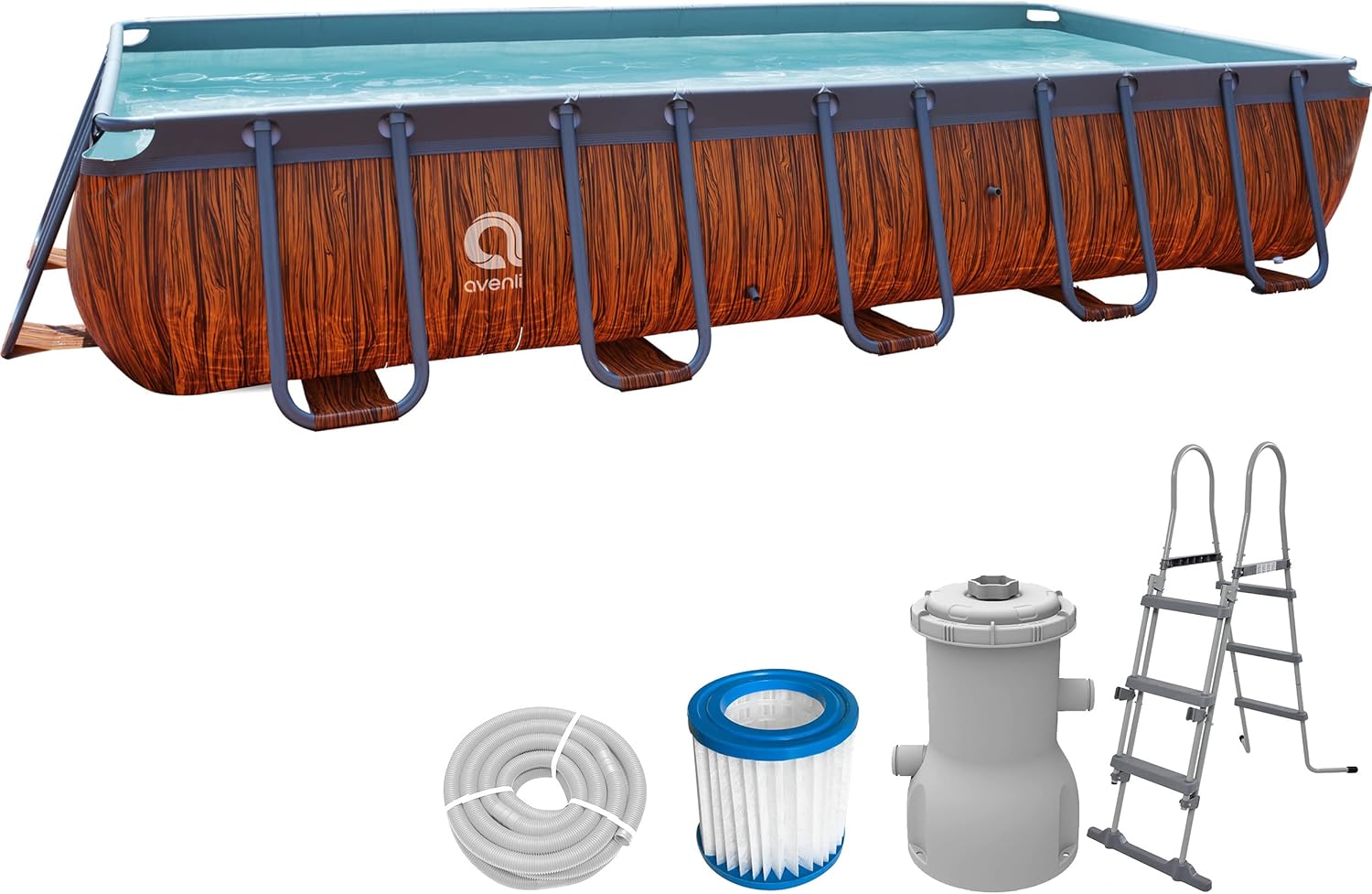 Avenli Pool 400 x 200 x 100 cm Stahlrahmen Aufstellpool Pool-Set mit Leiter Filterpumpe Schläuchen und Filterkartusche Framepool braun rechteckig Swimming Schwimmbecken