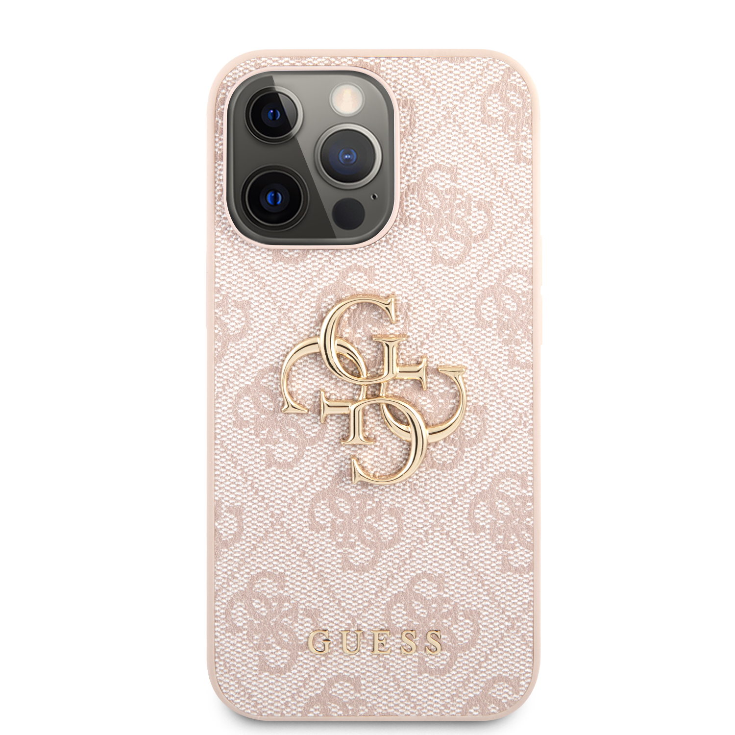 iPhone 13 Pro Leder Hardcase Hülle Metall Logo (GUHCP13L4GMGPI) - Rosa / Gold