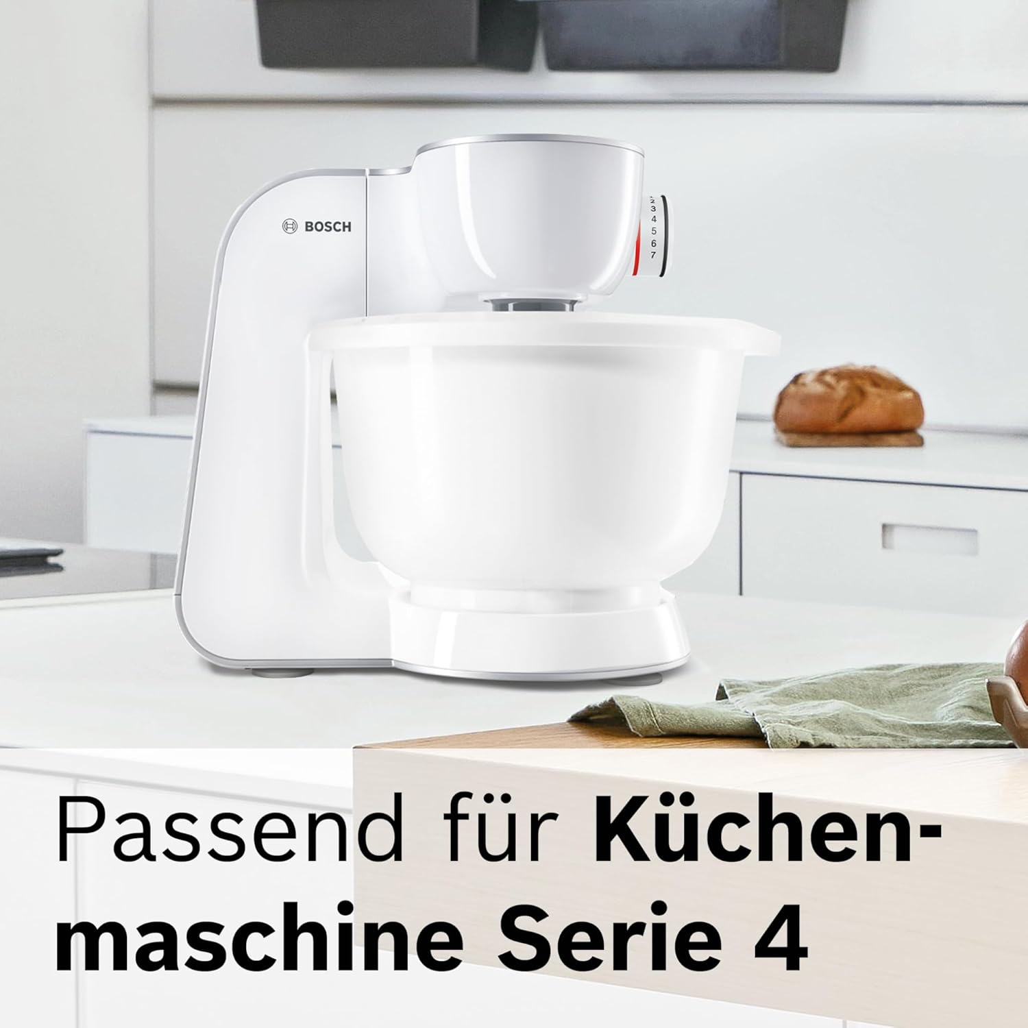 Bosch Küchenmaschine Serie 4 MUM5XW20, Edelstahl-Schüssel 3,9 L & Rührschüssel MUZ5KR1, 3,9 Liter, max. Teigmenge 2,7 kg, spülmaschinengeeignet, weiß, passend für Küchenmaschine Serie 4