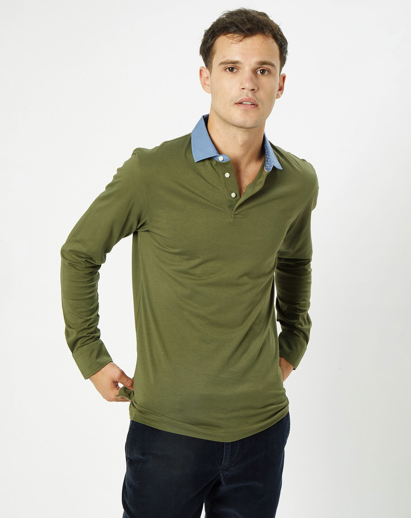 Hackett London Polo Slim Fit Col Chambray kaki