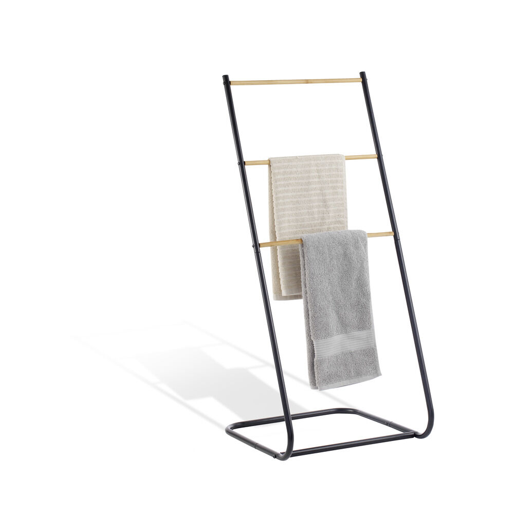 Porte-serviette 3 niveaux bambou et métal noir 40x43xH91cm