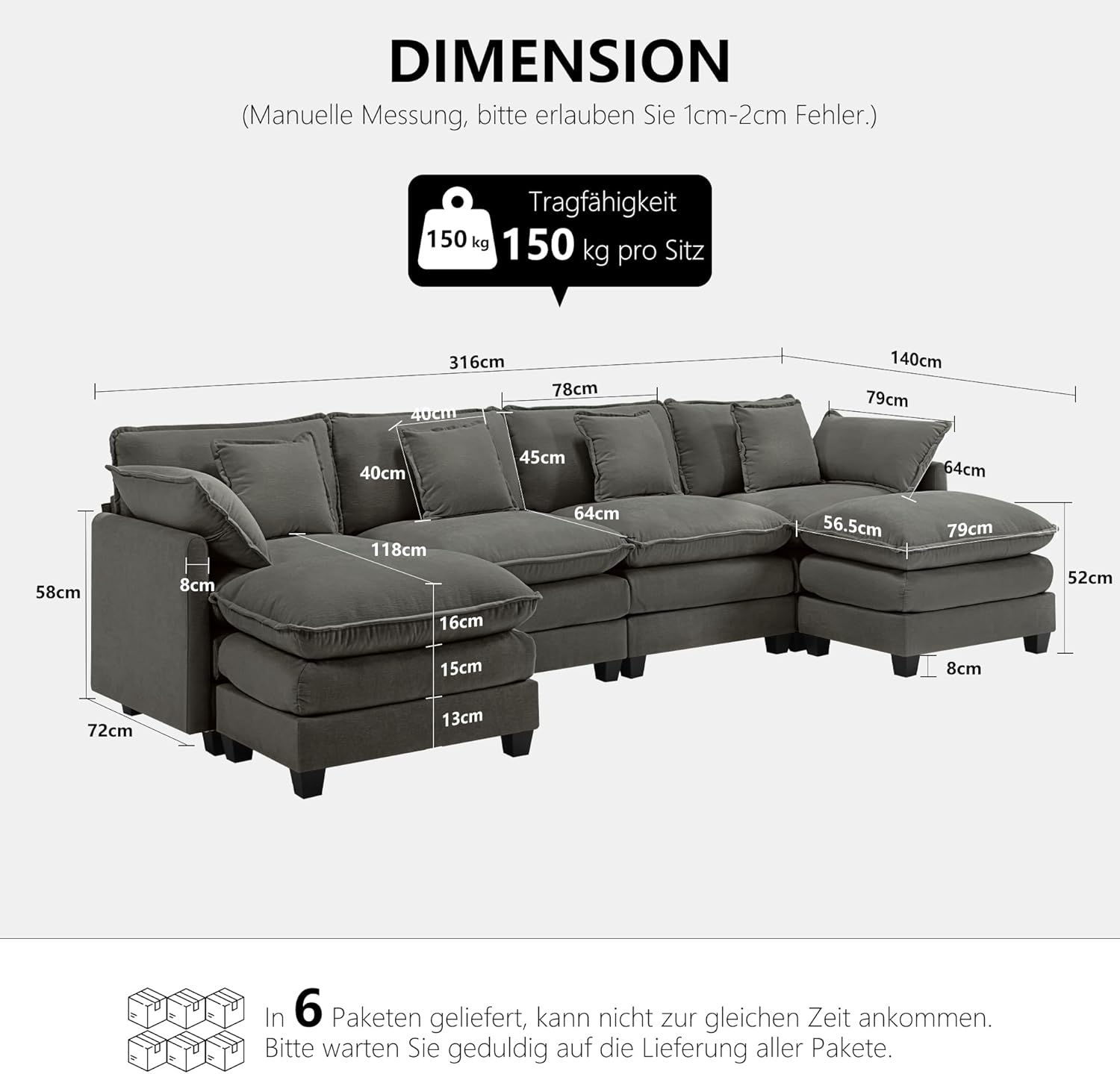 Sofa U Form, Bequeme Cloud Couch 6 Sitzer mit 2 Ottomane Sektionssofa, Atmungsaktivem Chenille-Stoff, Couch für Wohnzimmer Schlafzimmer, Dunkelgrau
