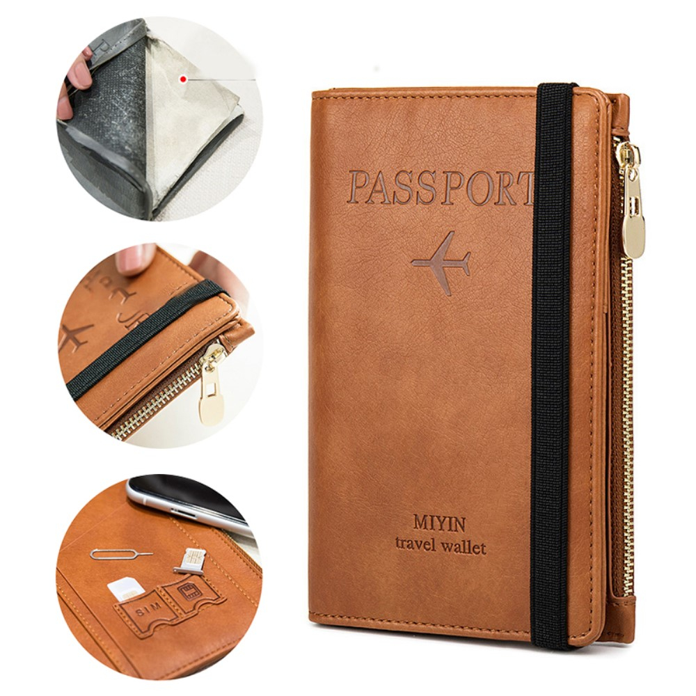 Reisepass Leder Schutzhülle Passport Etui mit Visitenkarten- / SIM Karten- / Geldfach   Reissverschluss (RFID Schutz) - Hellbraun