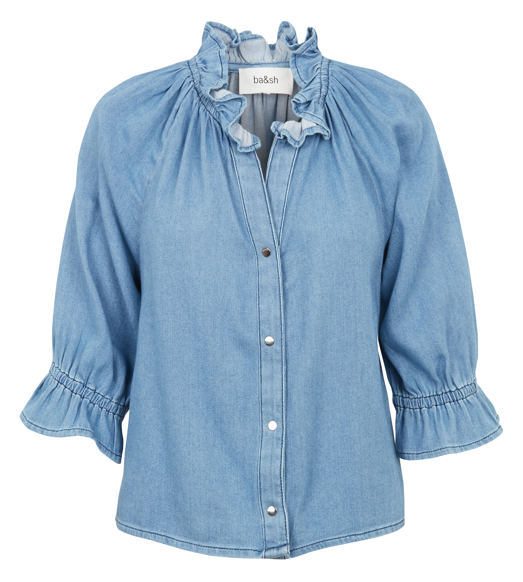 DRACO - Chemise droite col classique volanté en coton | Bleu