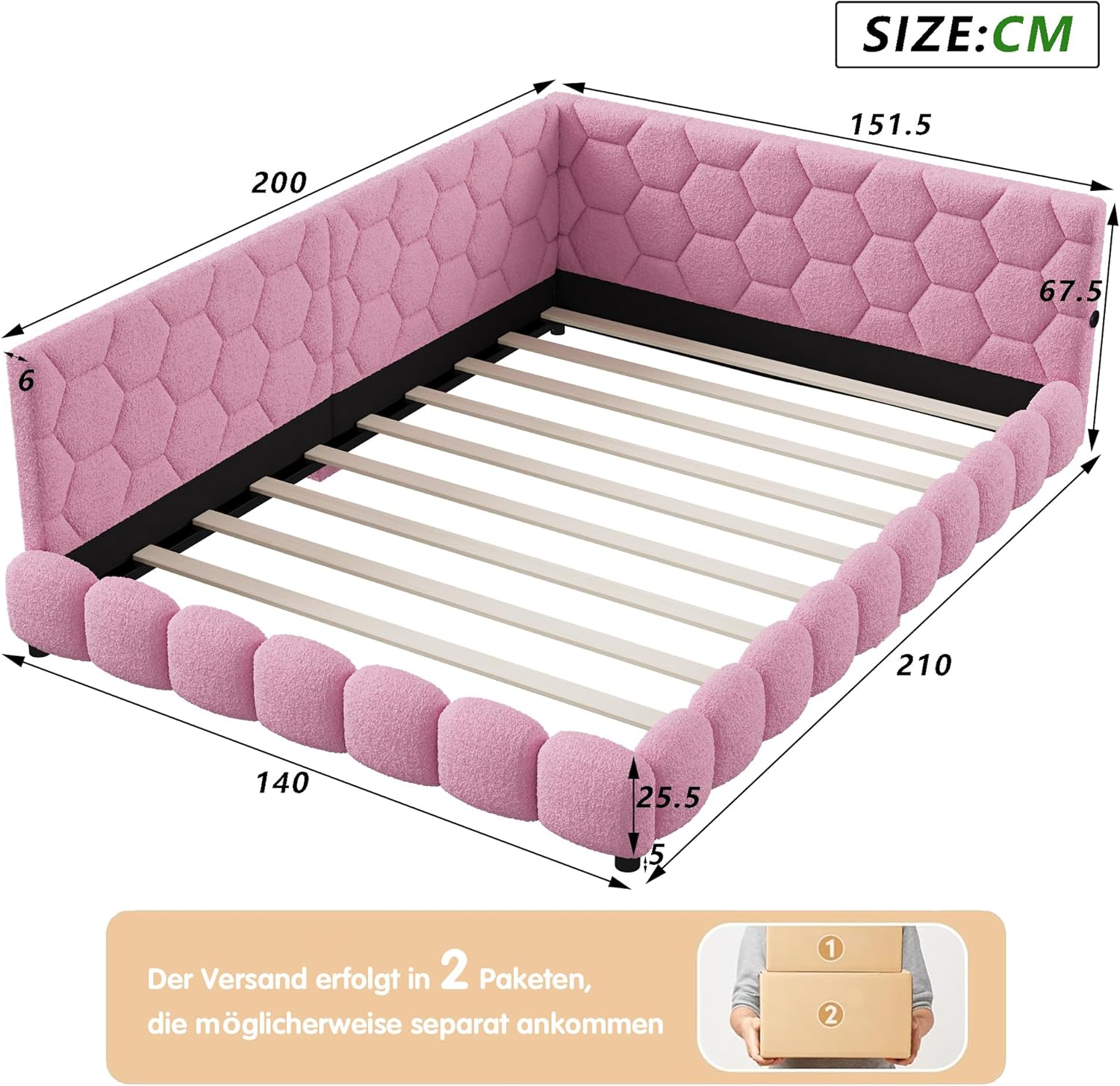 Polsterbett Schlafsofa 140x200cm, mit Umgebungslicht und USB-Anschluss, Kinderbett mit Lattenrost, Funktionsbett, Jugendbett,Lammwollmaterial, Rosa