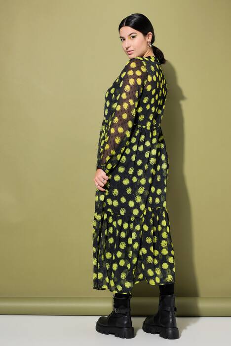 Maxikleid, A-Line, Dot Print, Langarm, schwarz