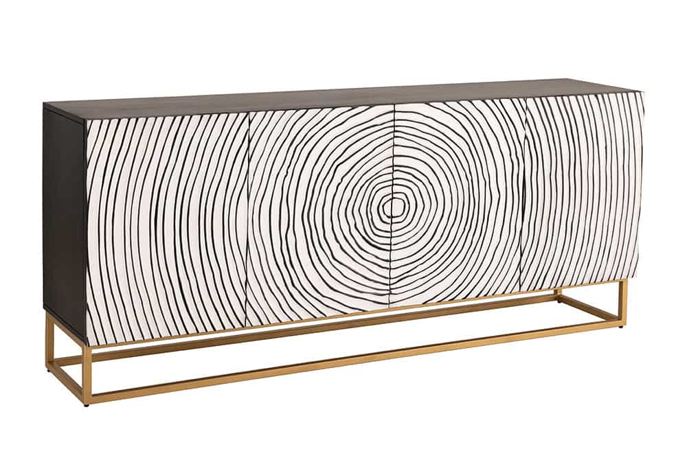 Massives Sideboard ZEN CIRCLES 180cm weiß schwarz gold Mangoholz 3D-Design