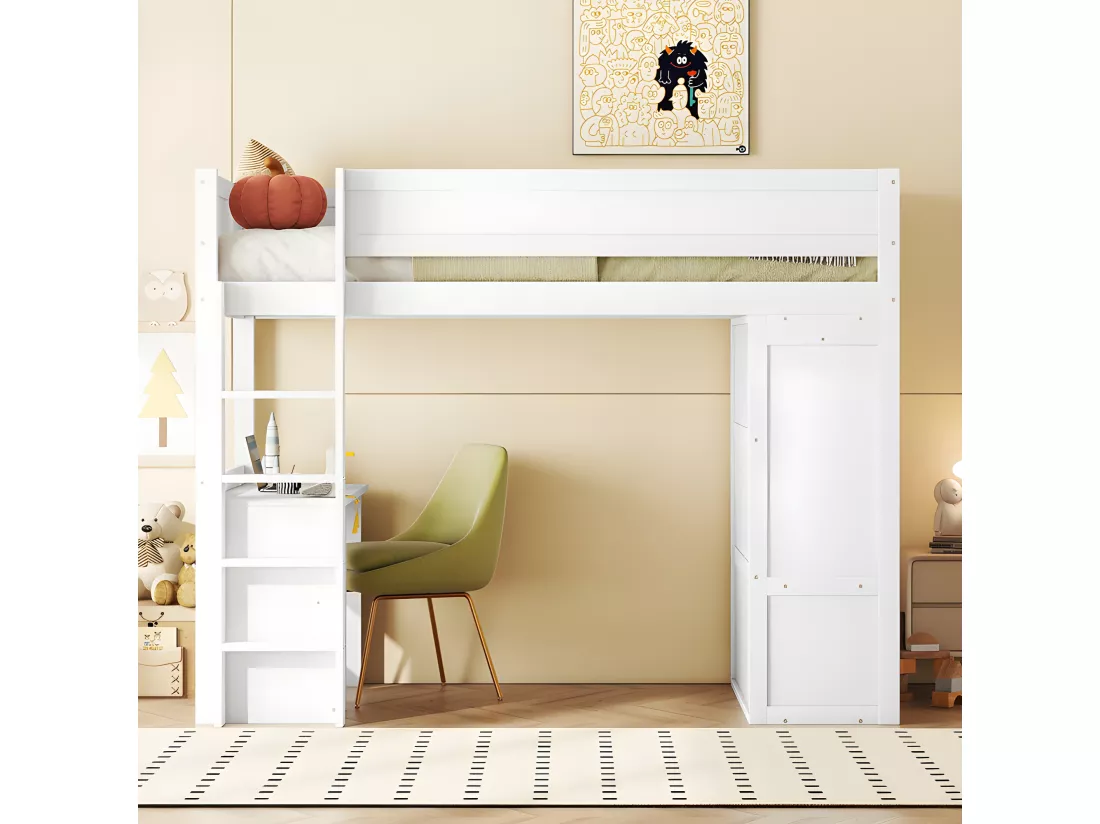 Lit mezzanine 90x200cm - lit enfant multifonctionnel - équipé d'une armoire et un bureau - en pin massif - Blanc