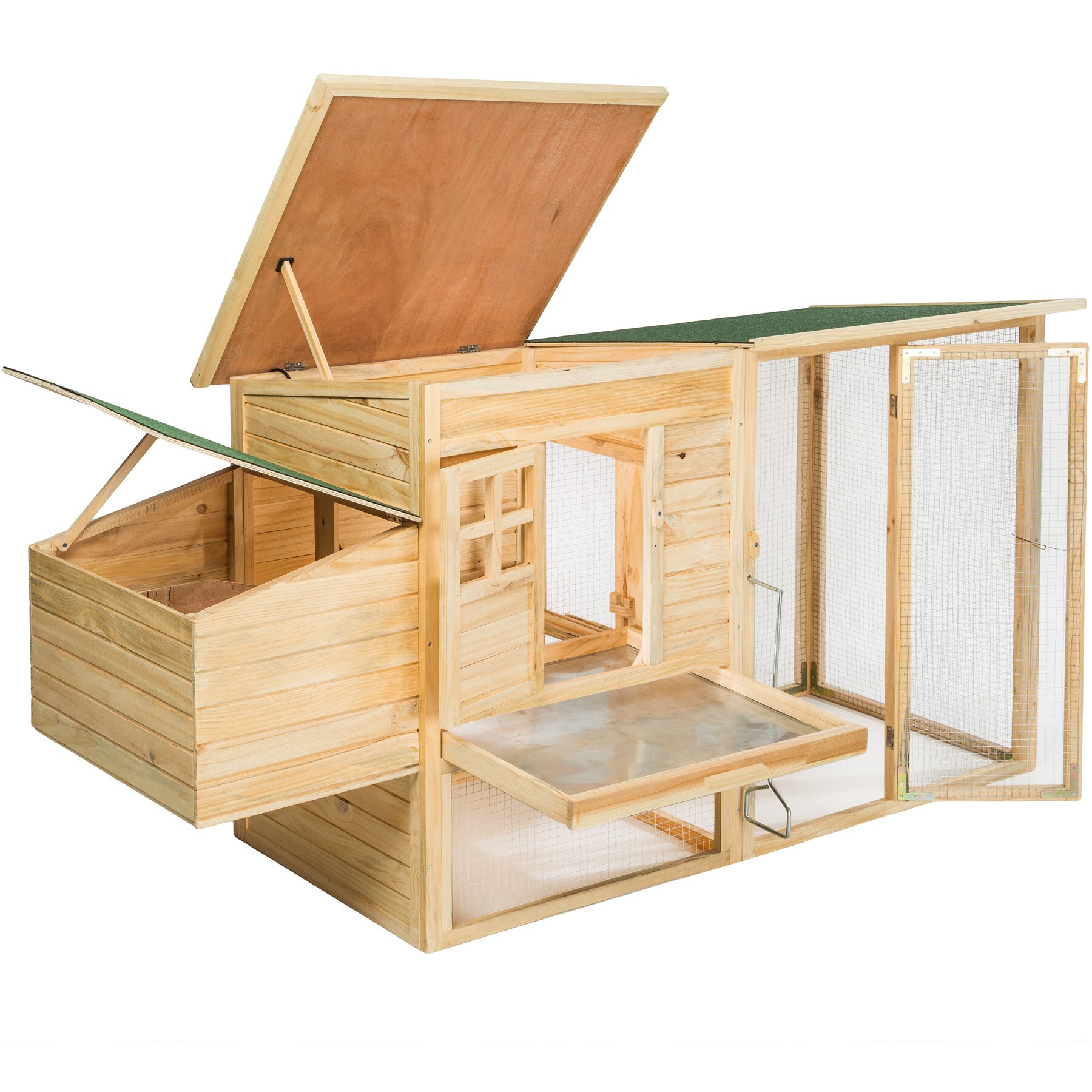 tectake® Hühnerstall, aus Holz, 2 Türen, Ruhezone und Freilaufbereich, inklusive ausziehbarer Schublade, 198 x 75 x 102 cm