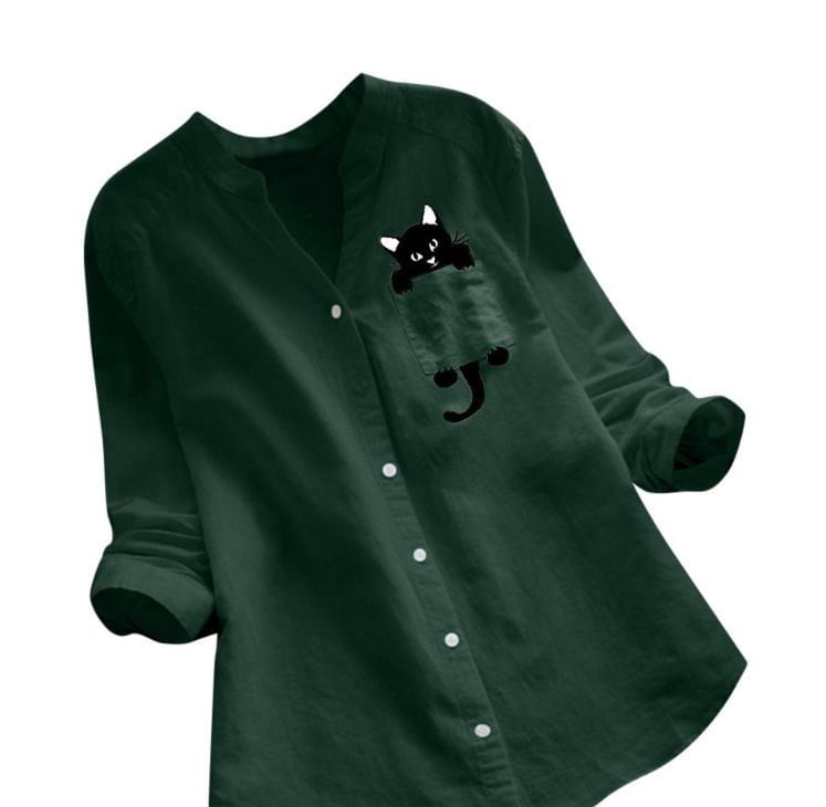 Angel Love - Shirt met lange mouwen, inkeping in de hals en kattenprint en detail op de zak