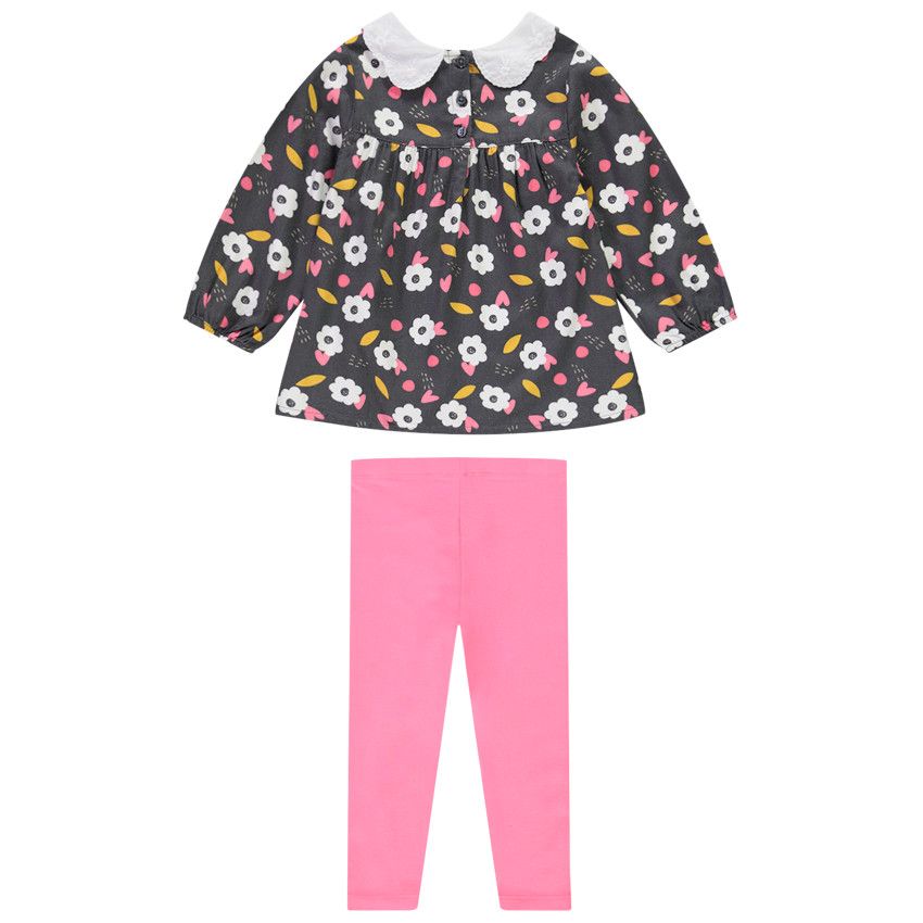 Ensemble tunique imprimé fleurs + caleçon uni pour bébé fille - Gris foncé