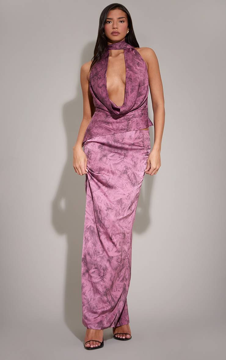 Violet Jupe Longue Droite En Satin Imprimé