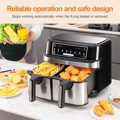 Air Fryer avec Double Compartiment, Emphsism Friteuse Sans Huile 9L Avec 8 Programmes 2600W, Friteuse à Air Chaud, Fonctions Match Cook & Smart Finish, Friteuse Electrique avec LED Écran Tactile : Cuisine et Maison