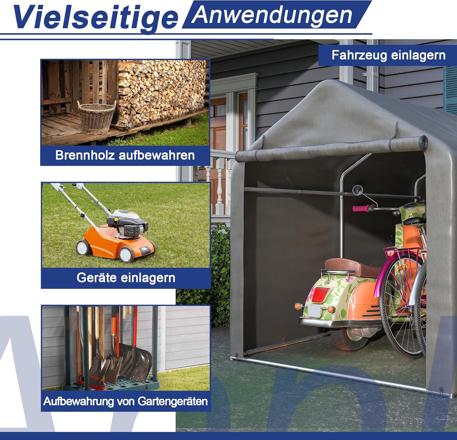 Fahrradgarage 160x220x165 cm, Fahrradgarage für 3 Fahrräder, Fahrradschuppen mit UV-Schutz Fahrradschuppen, Fahrradgarage Wetterfest, Gerätezelt mit Wasserdichtes Rolltor (160x220x165 cm)