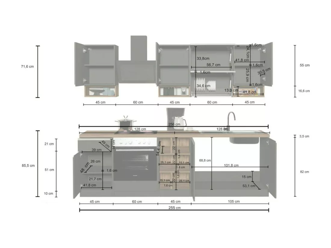 Cuisine complète Dceccaron, Ensemble avec garde-manger, Meuble de kitchenette, Kit bloc linéaire, 100% Made in Italy, 255x60h85 cm, Blanc brillant et ardoise