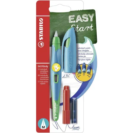 Ergonomischer Schulfüller für Linkshänder mit Standard-Feder M - STABILO EASYbirdy in himmelblau/grasgrün - Einzelstift - inklusive Patrone und Einstellwerkzeug - Schreibfarbe blau (löschbar)