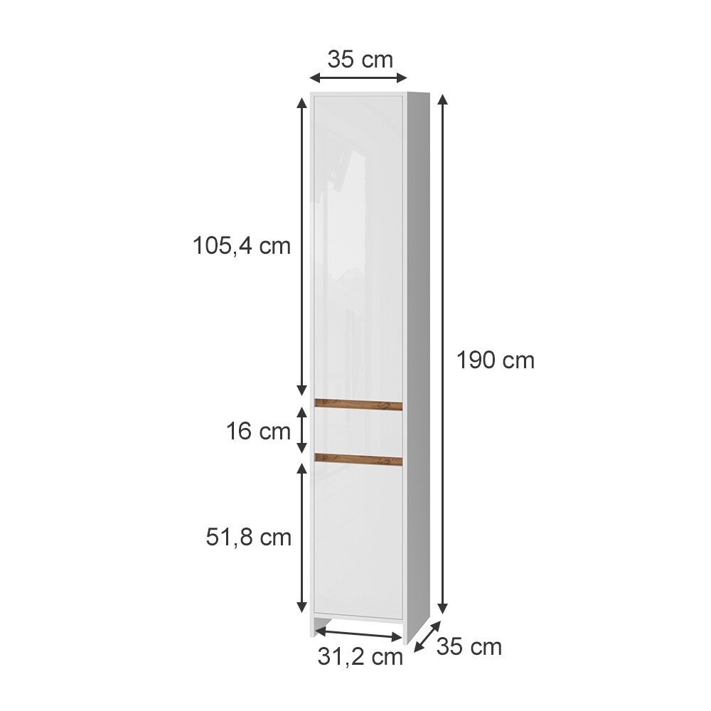 Vicco Badschrank Detmold Weiß Eiche 35 x 190 cm mit 2 Türen und eine Schublade
