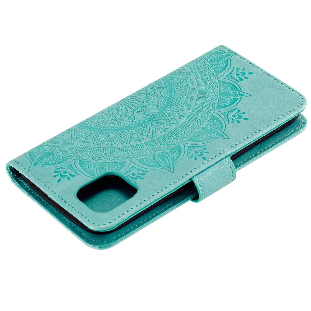 iPhone 13 Pro Leder Tasche Wallet - Mandala Flowers Imprint - Türkis