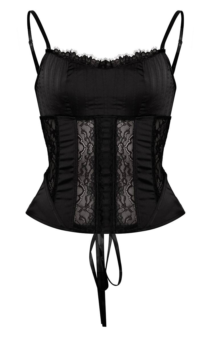 Noir Corset En Satin Avec Empiècements En Dentelle