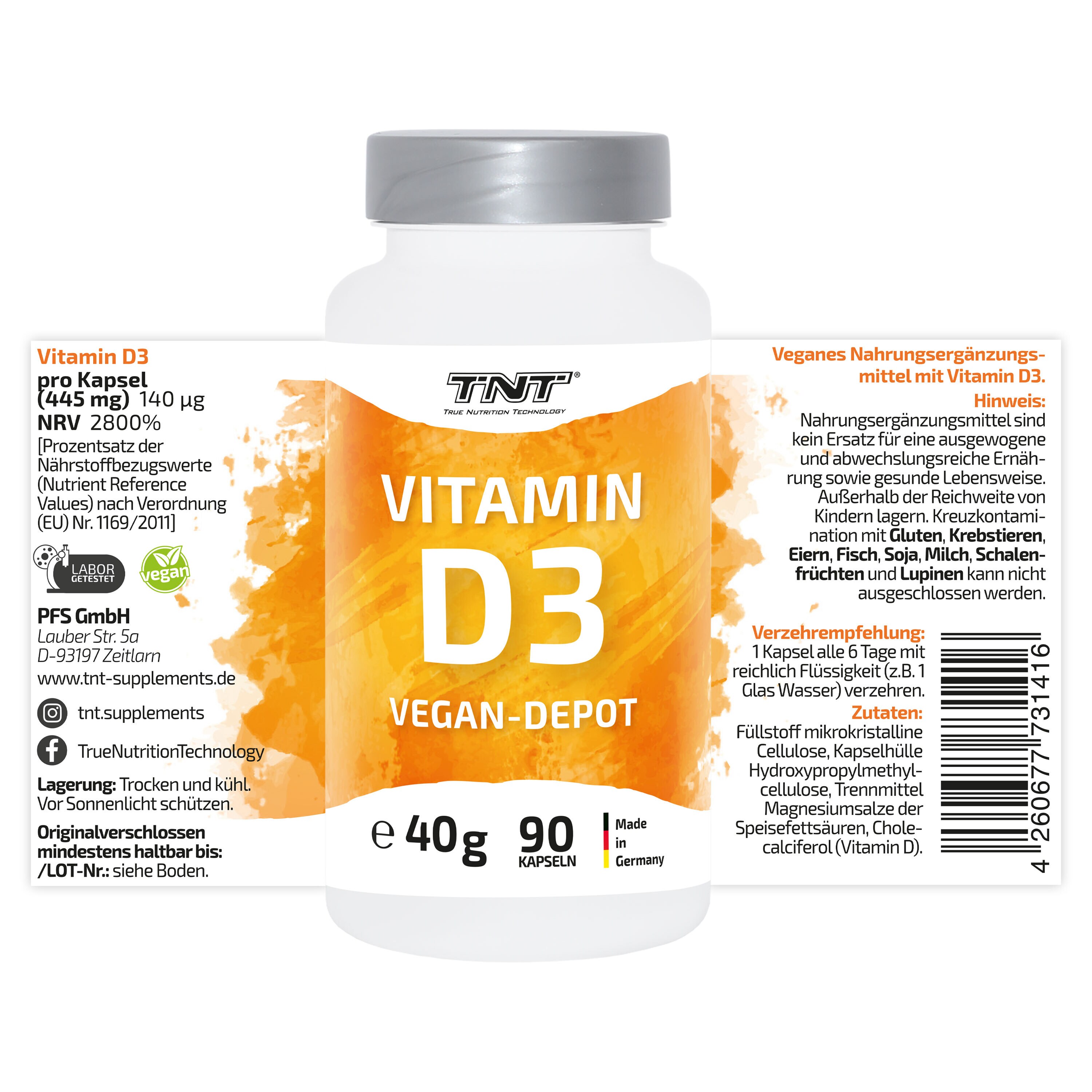 TNT Vitamin D3 Depotkapseln mit Vitamin D3 aus Flechten, 100% vegan