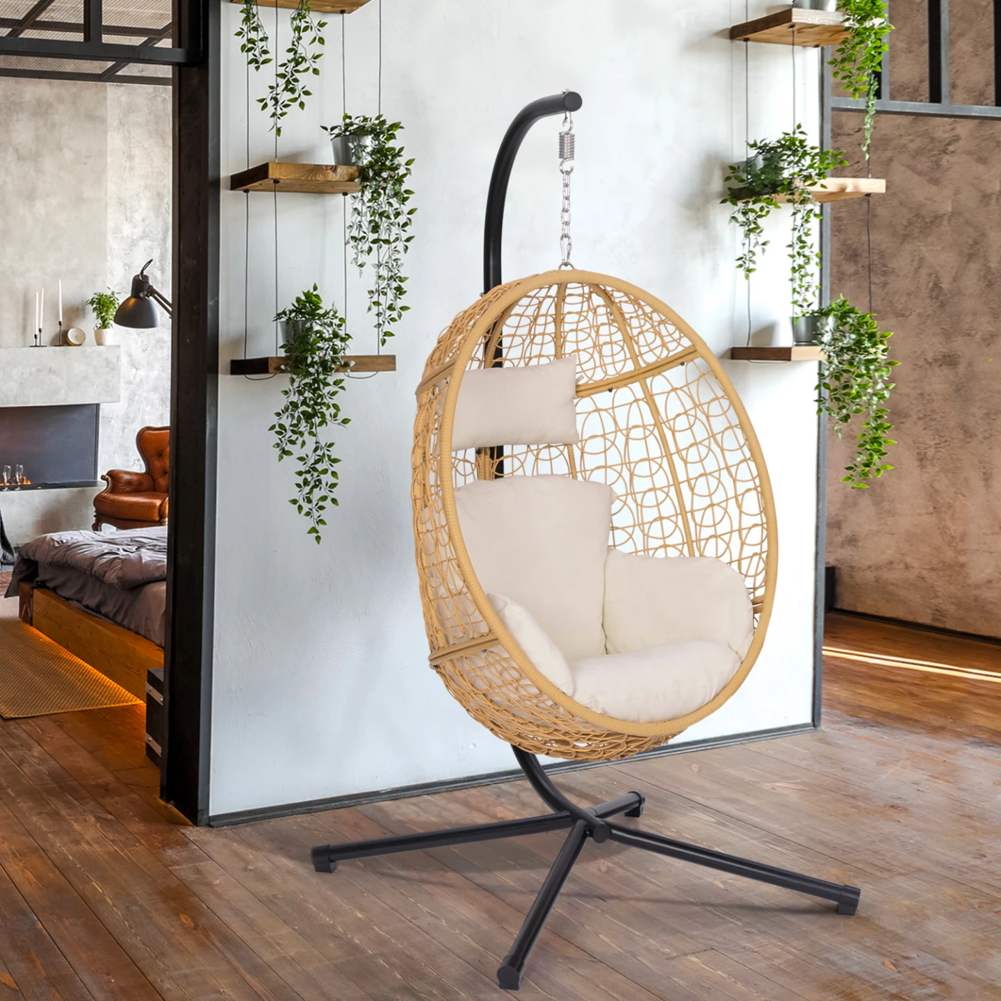 Fauteuil oeuf suspendu ajouré effet rotin avec coussin écru