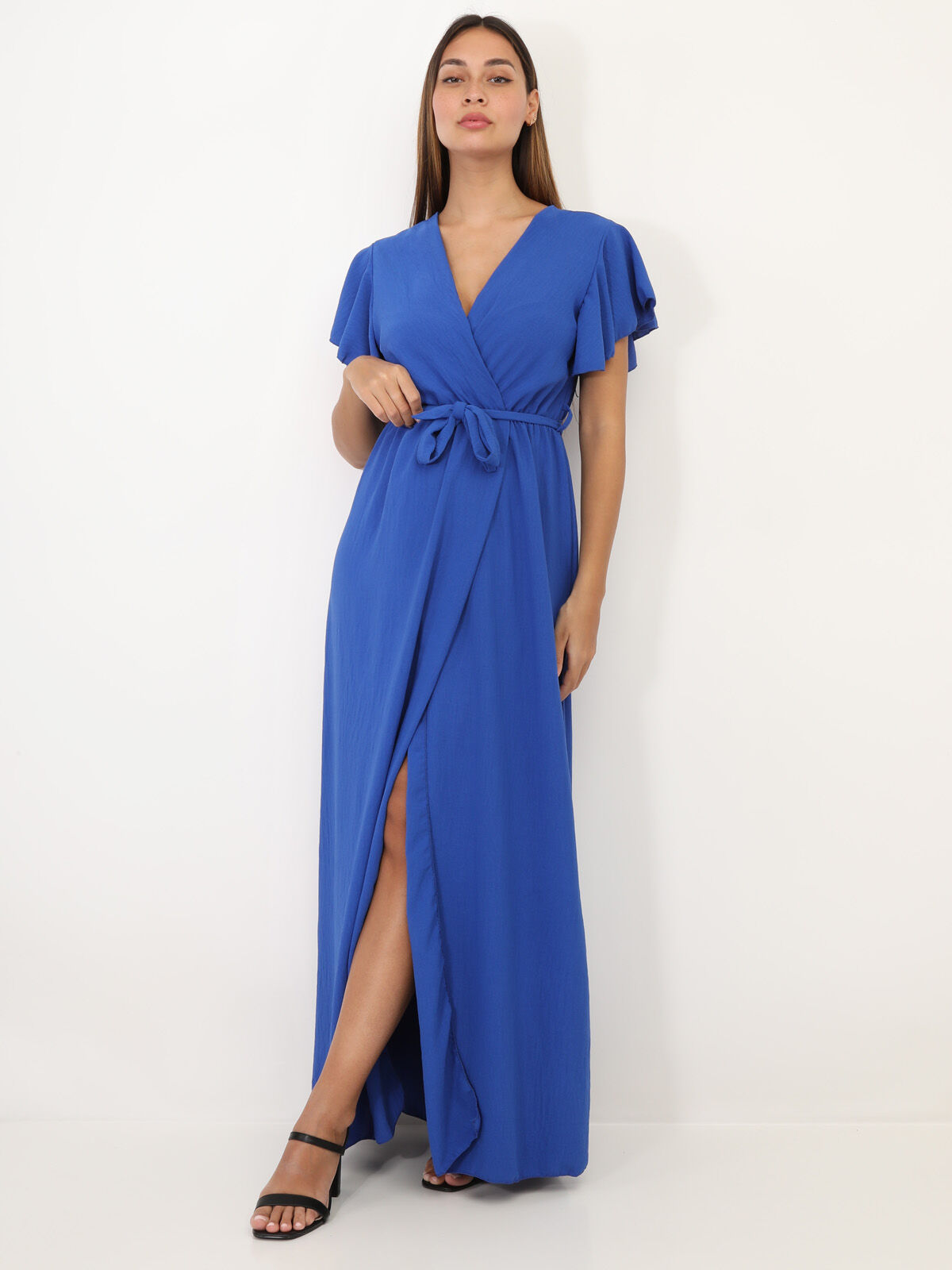Robe longue fendue à col cache coeur- Bleu