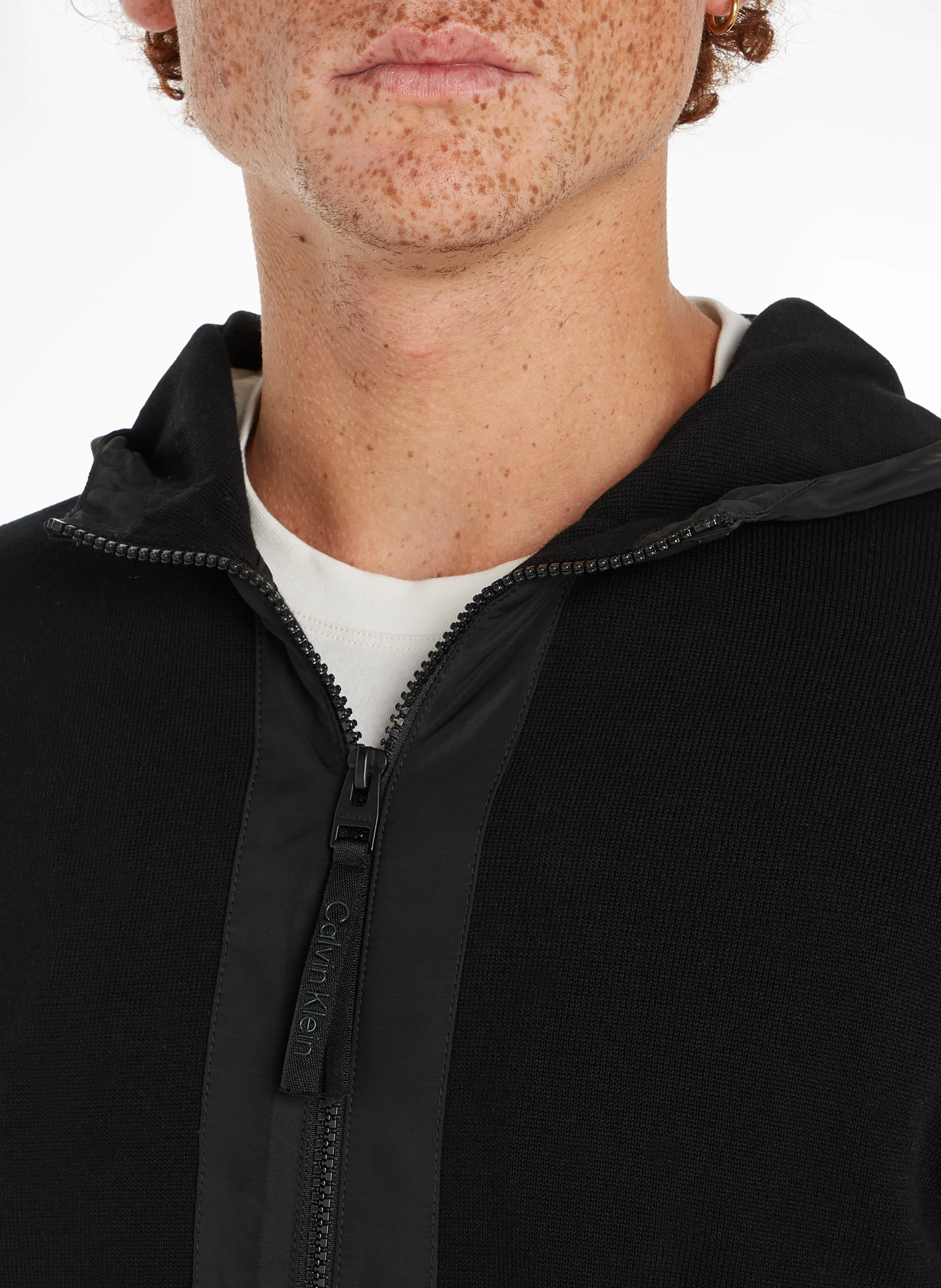 Gilet droit col montant à capuche en coton bio | Gris